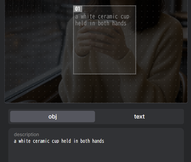 Create Bounding Boxesのobjに囲んだ部分の説明を入力する画面