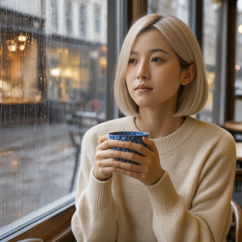 Flux.3 Image Klein DistilledでBaseと同じPromptを使って髪とカップを編集した画像