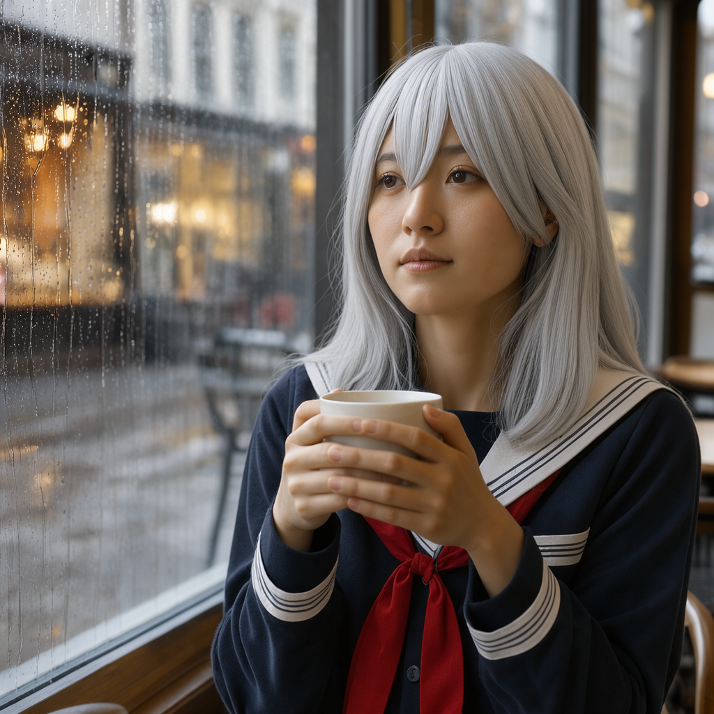 アニメのキャラの銀髪とセーラー服をフォトリアルの女性に移したDistilledの編集結果