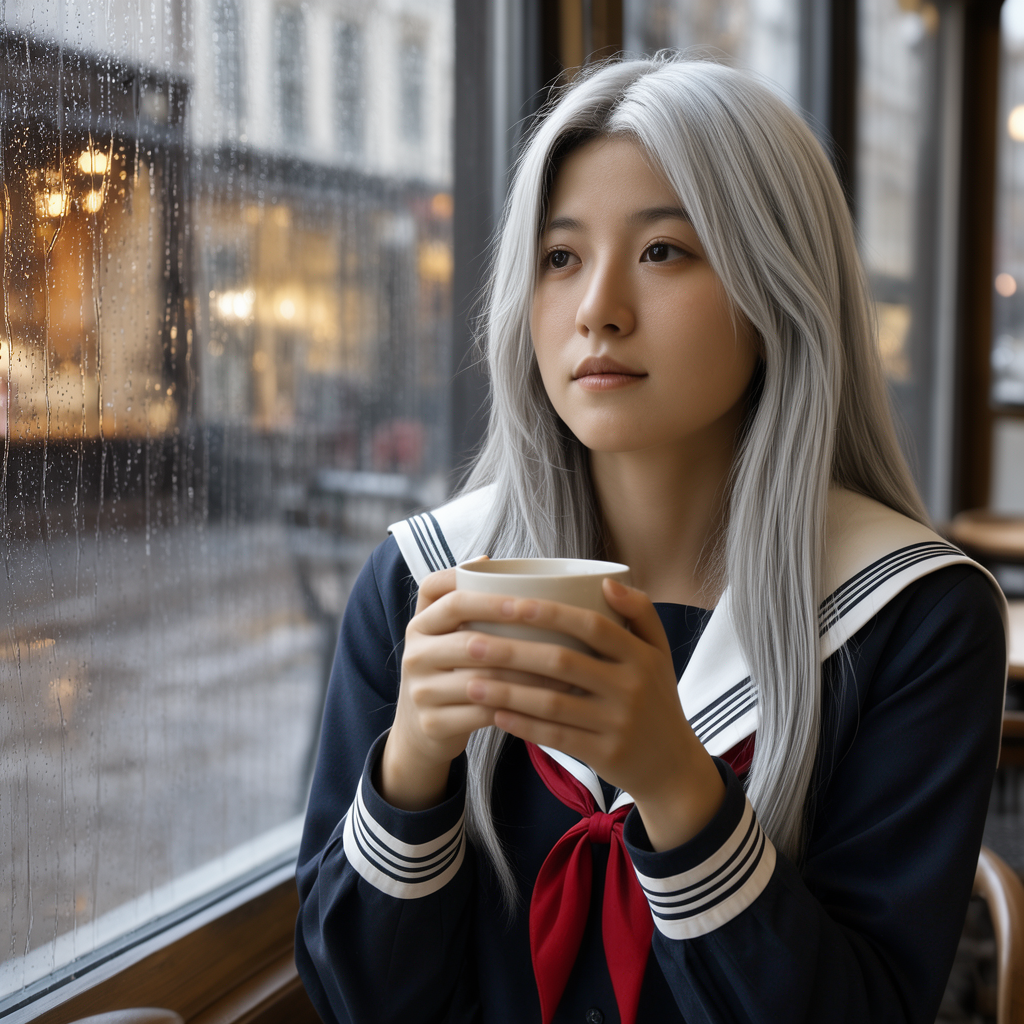アニメのキャラの銀髪とセーラー服をフォトリアルの女性に移したBaseの編集結果