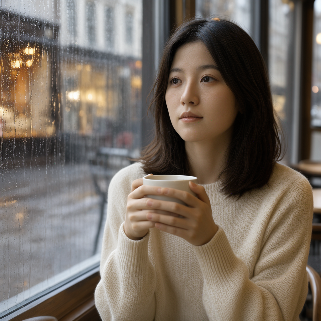 Flux.3 Image Klein Baseで生成した雨のカフェの窓辺でカップを持つ女性のフォトリアル画像