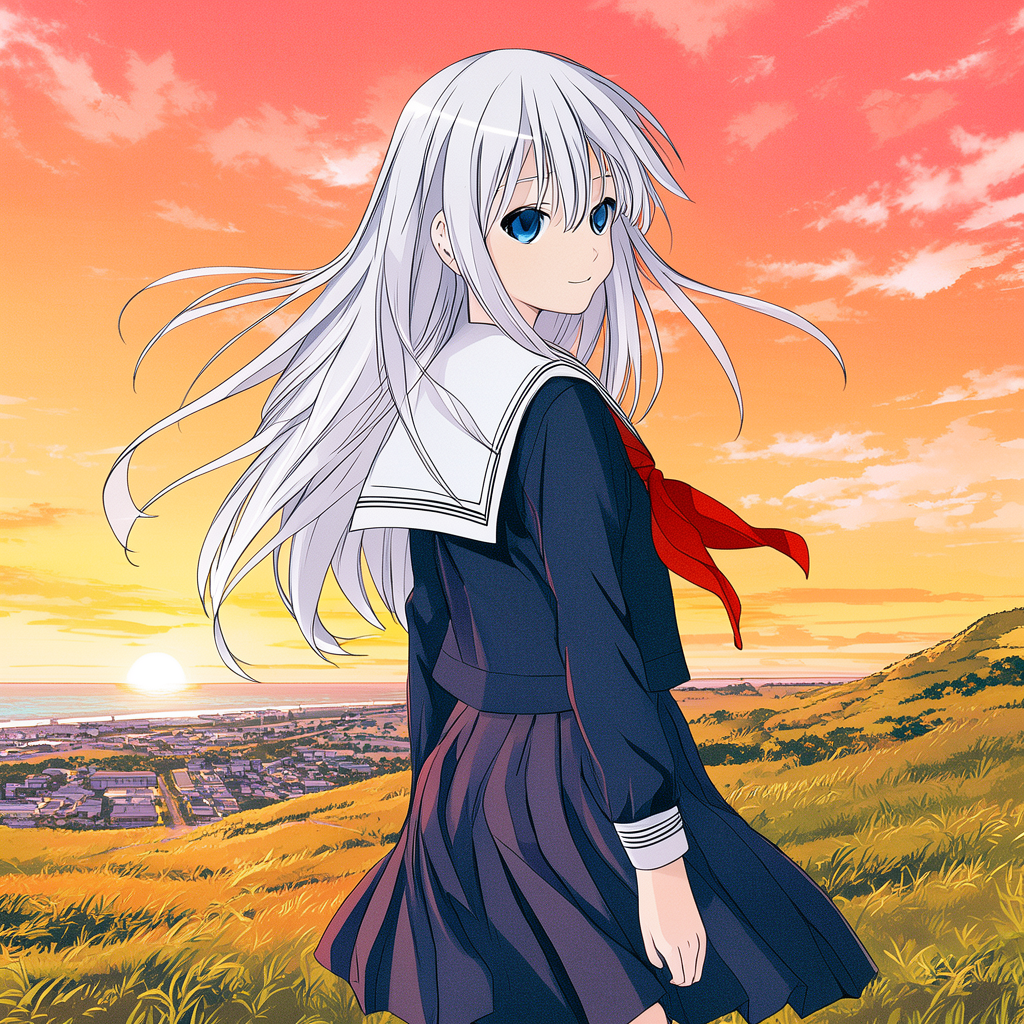 Flux.3 Image Klein Baseで生成した夕焼けの丘に立つ銀髪のセーラー服の少女のアニメ画像